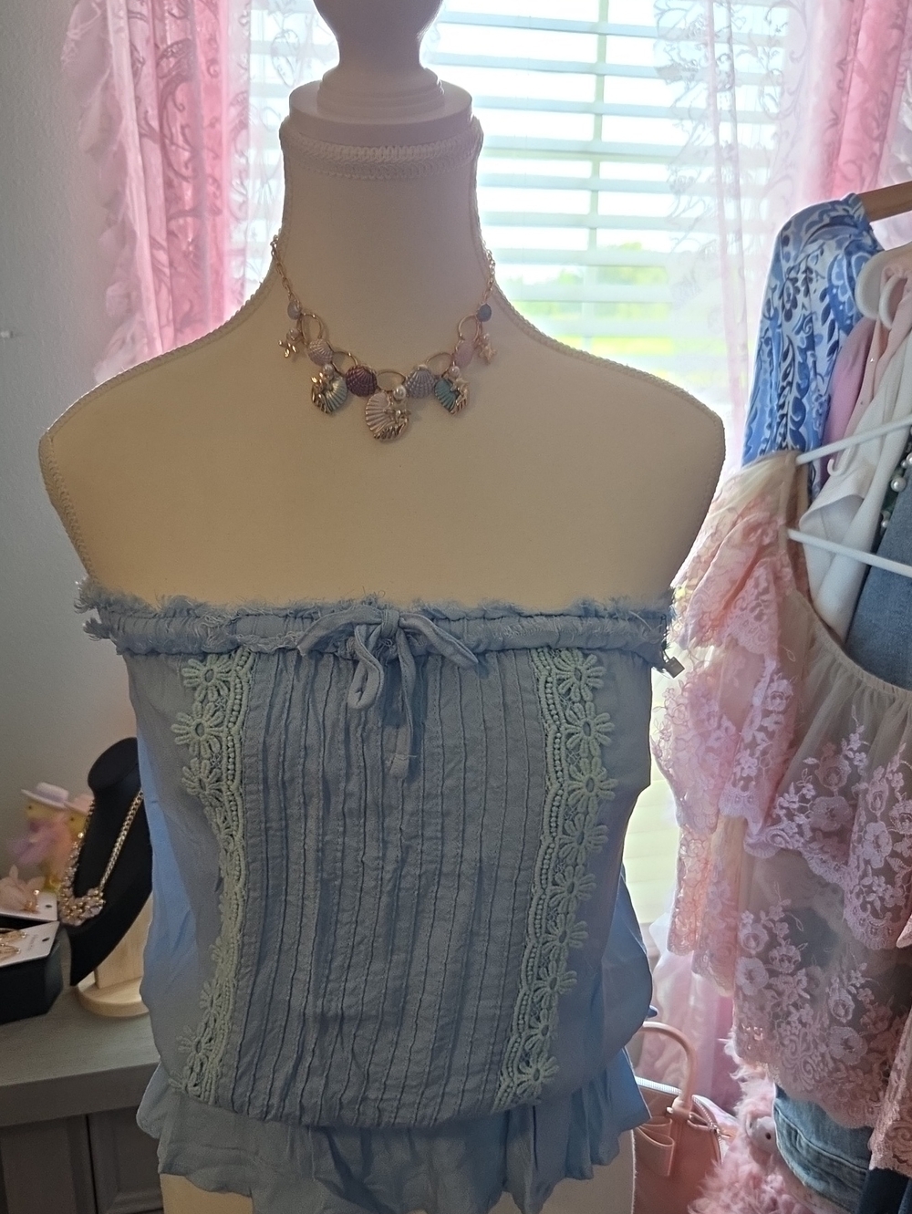 VENUS Light Blue Strapless Smocked Ruffle Tube Top With Embroidery Detailing.